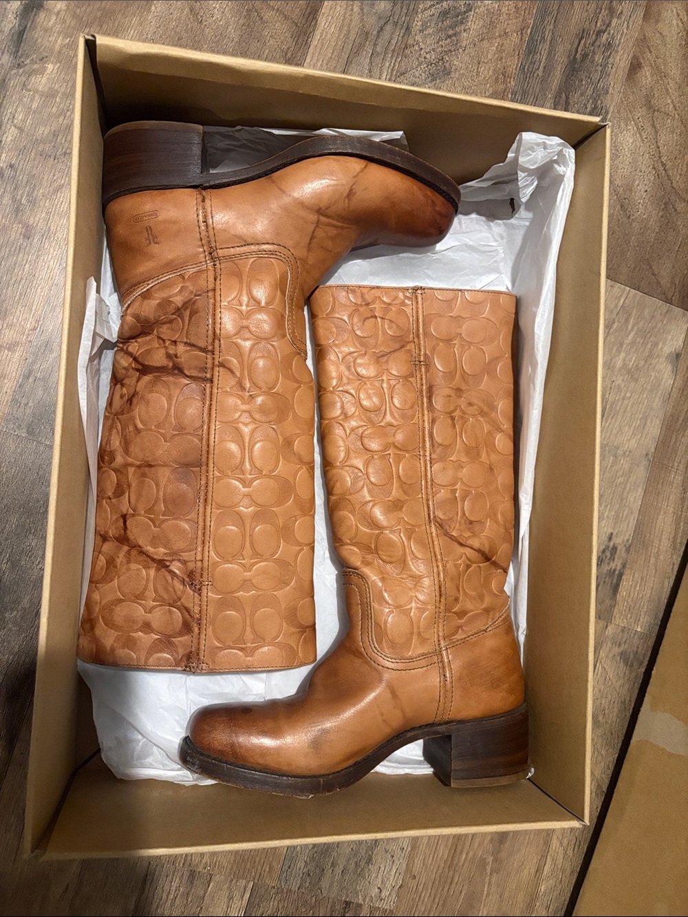 Frye Campus Boots Frye/Coach Cognac Leather Embossed Logo Boots - Picture 13 of 15